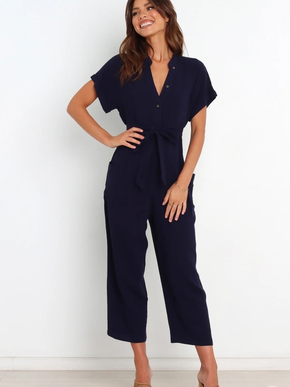 Petal & Pup Navy Button-Front Tie-Waist Jumpsuit